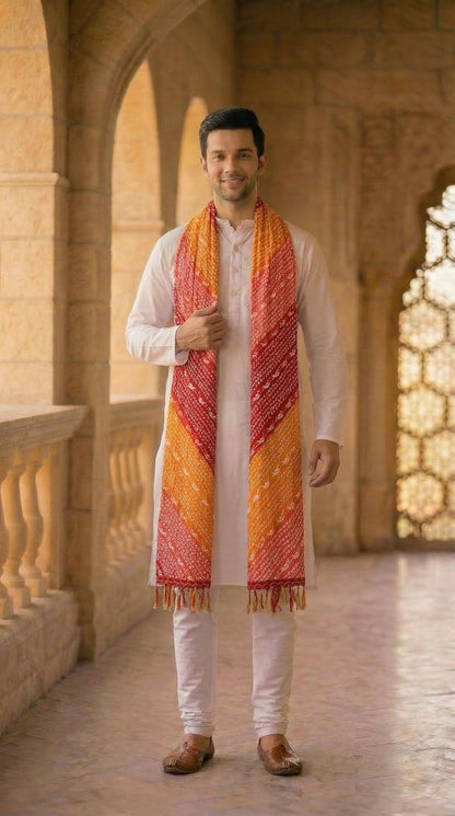 Chinnon Bandhani Dupatta for Men | Red Orange