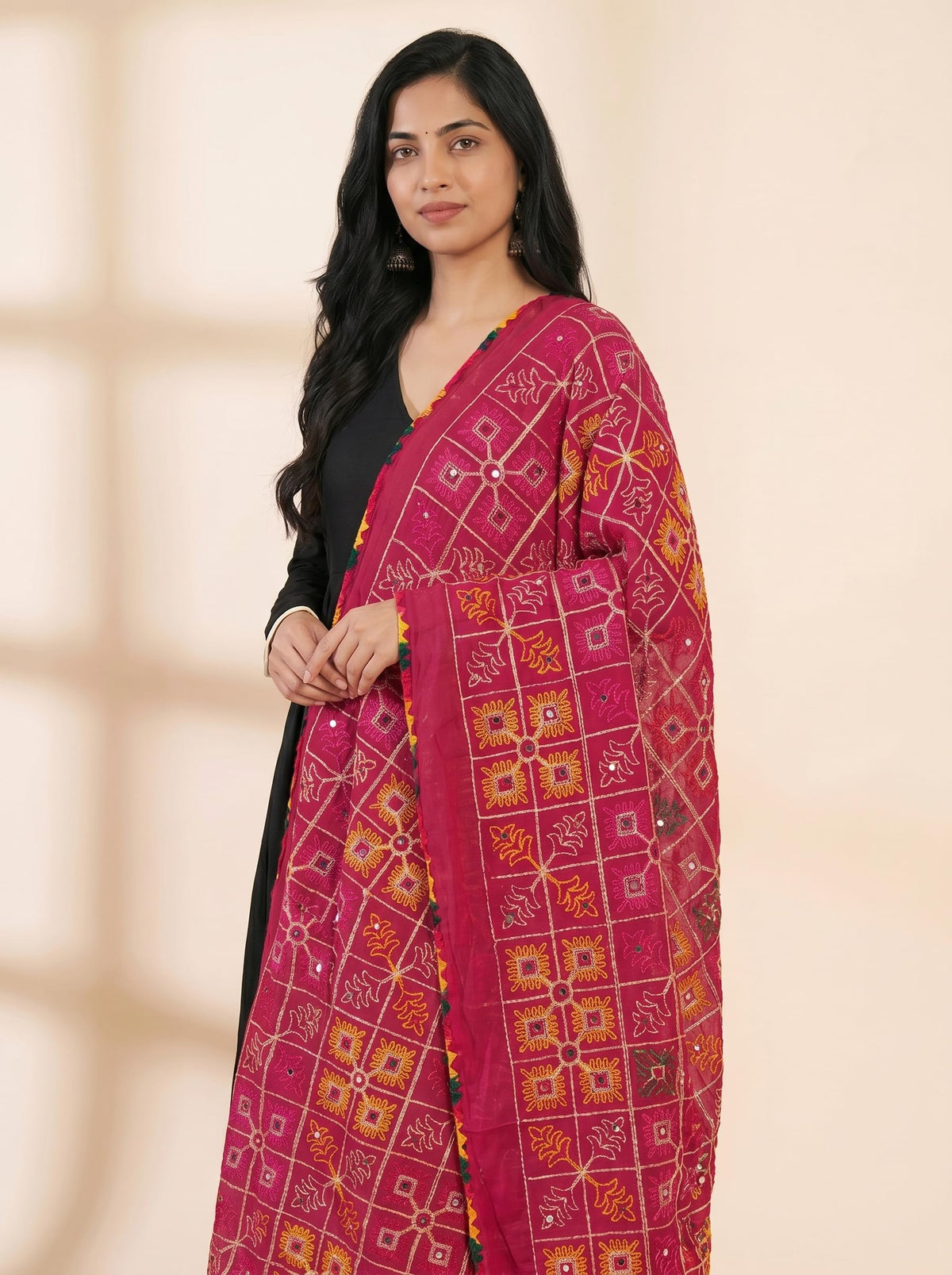 Pure Cotton Phulkari Embroidered Dupatta for Women | Pink - view 4