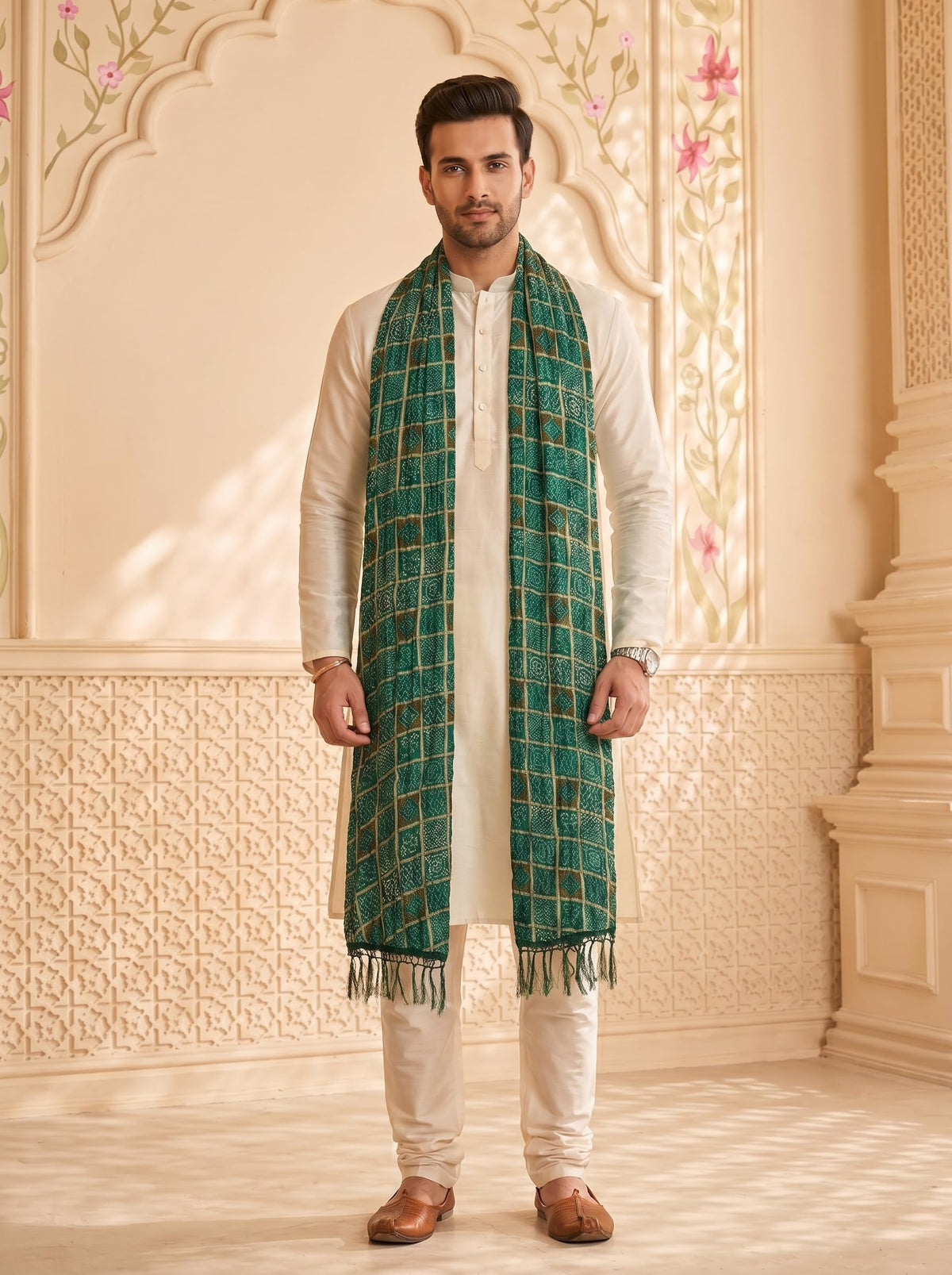 Chinnon Bandhani Dupatta for Men | Green - view 3