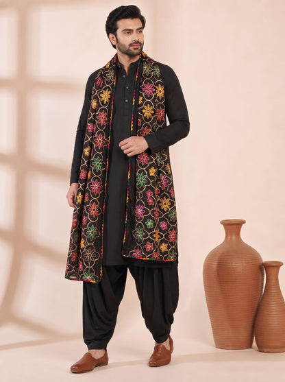 Pure Cotton Embroidered Phulkari Dupatta for Men | Black