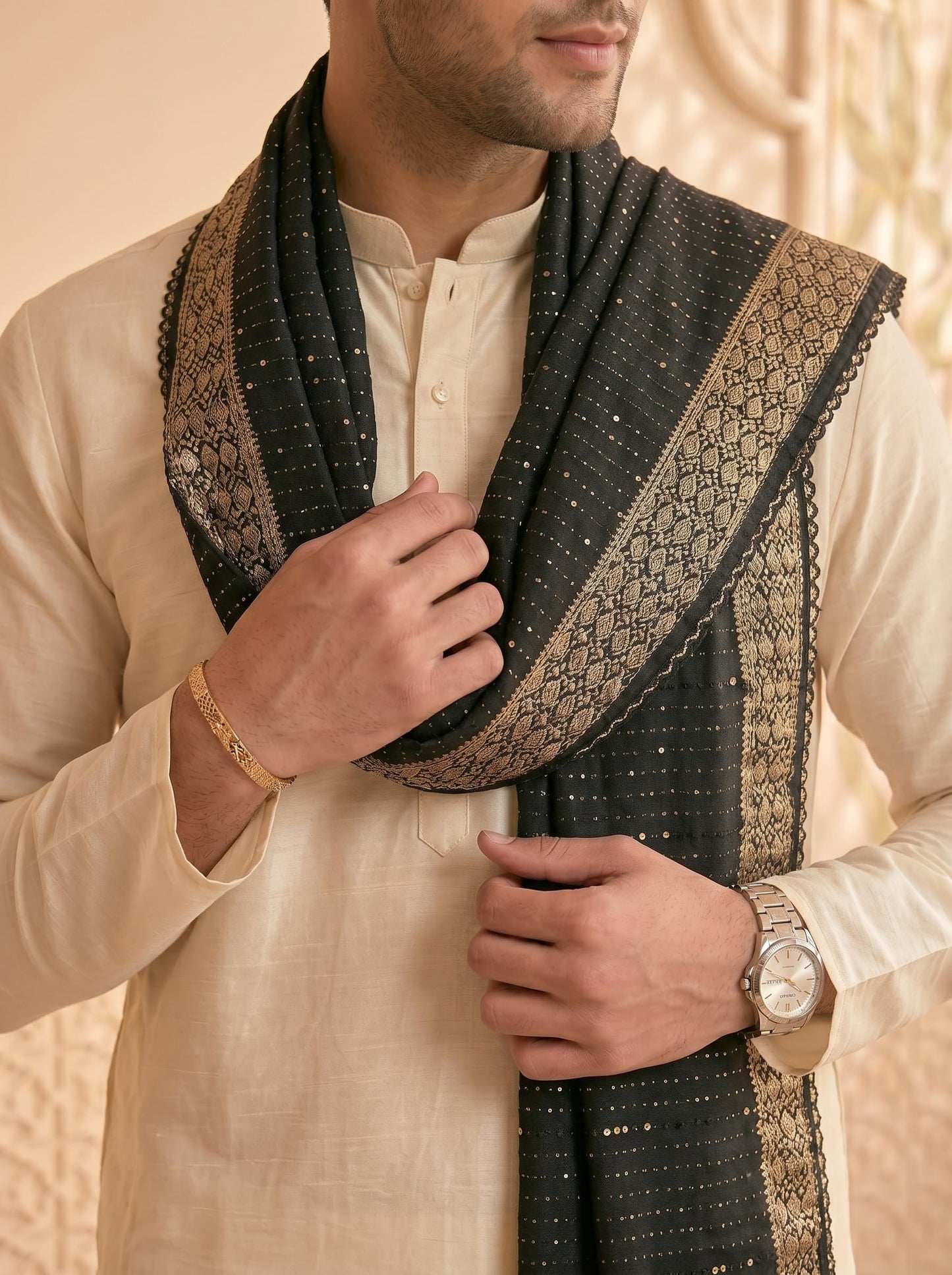 Zari Woven Chanderi Cotton Dupatta for Men | Black - view 5
