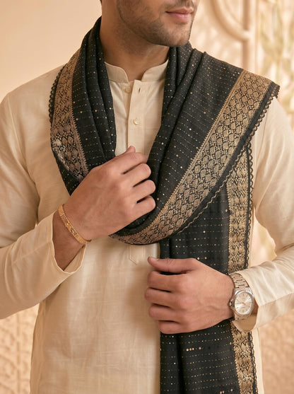 Zari Woven Chanderi Cotton Dupatta for Men | Black - view 5