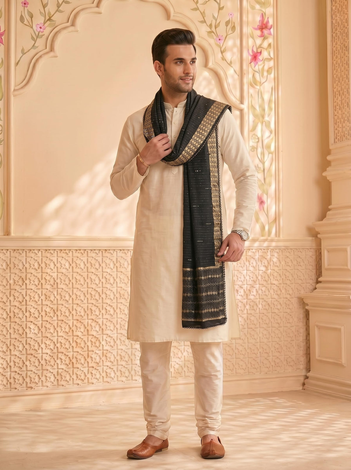 Zari Woven Chanderi Cotton Dupatta for Men | Black - view 3