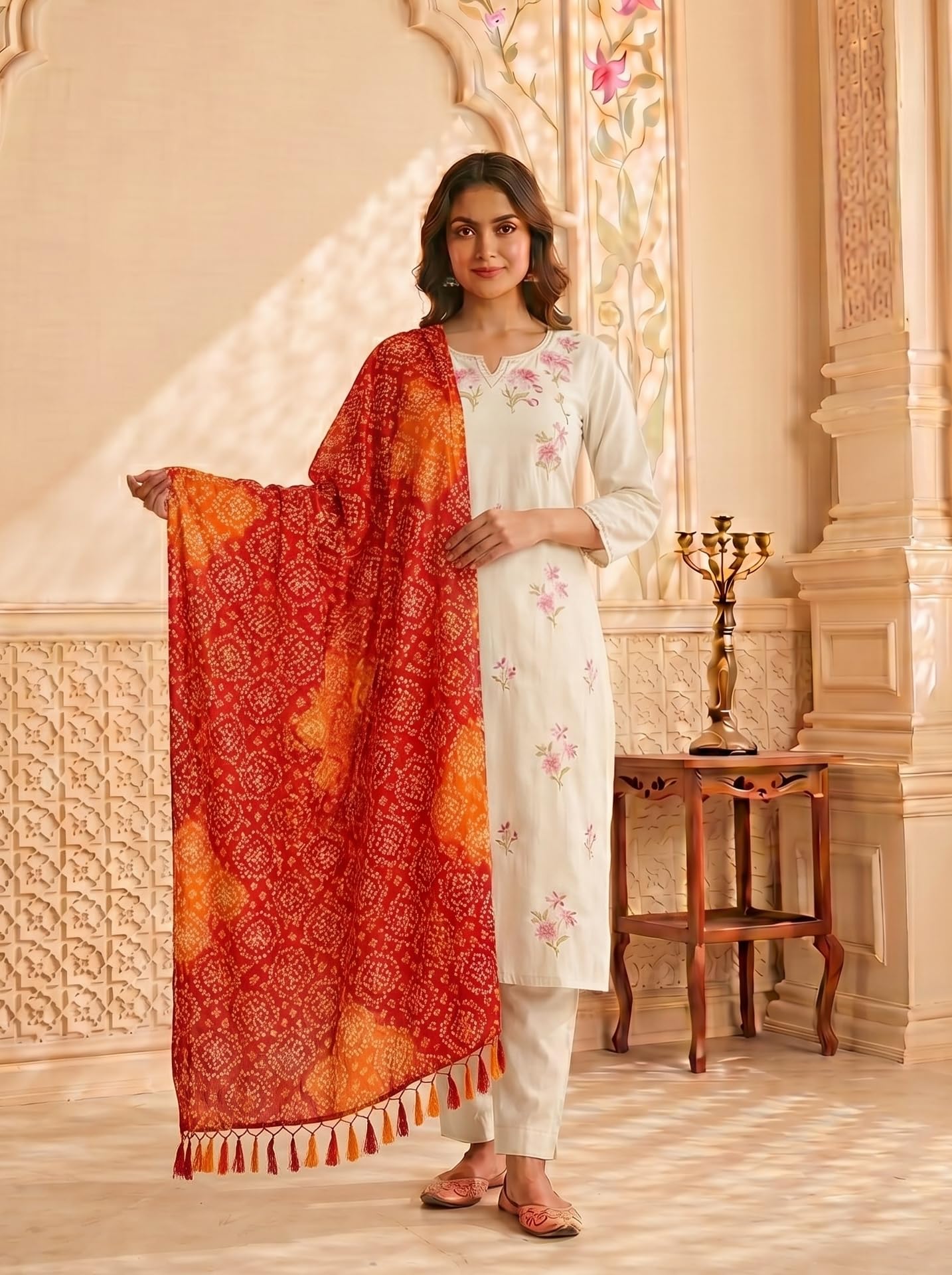 Chinnon Bandhani Dupatta for Women | Red Orange