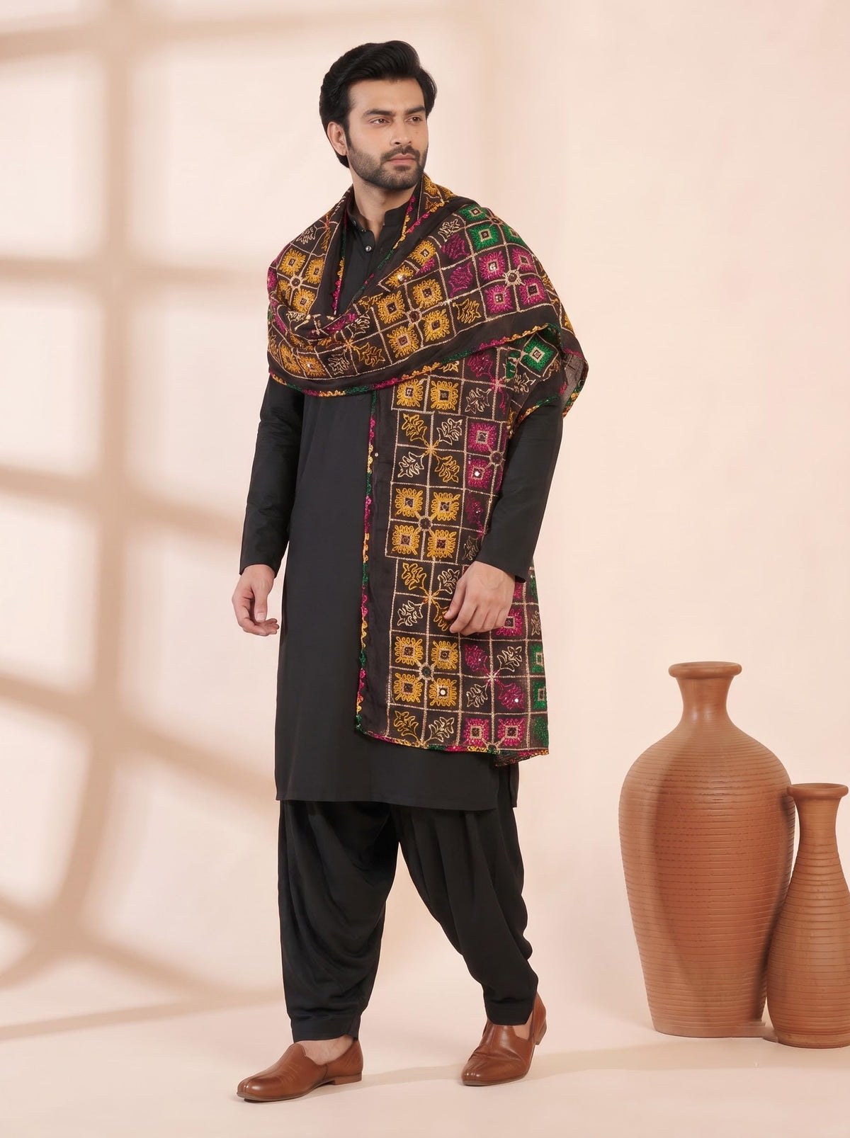 Pure Cotton Embroidered Phulkari Dupatta for Men | Black