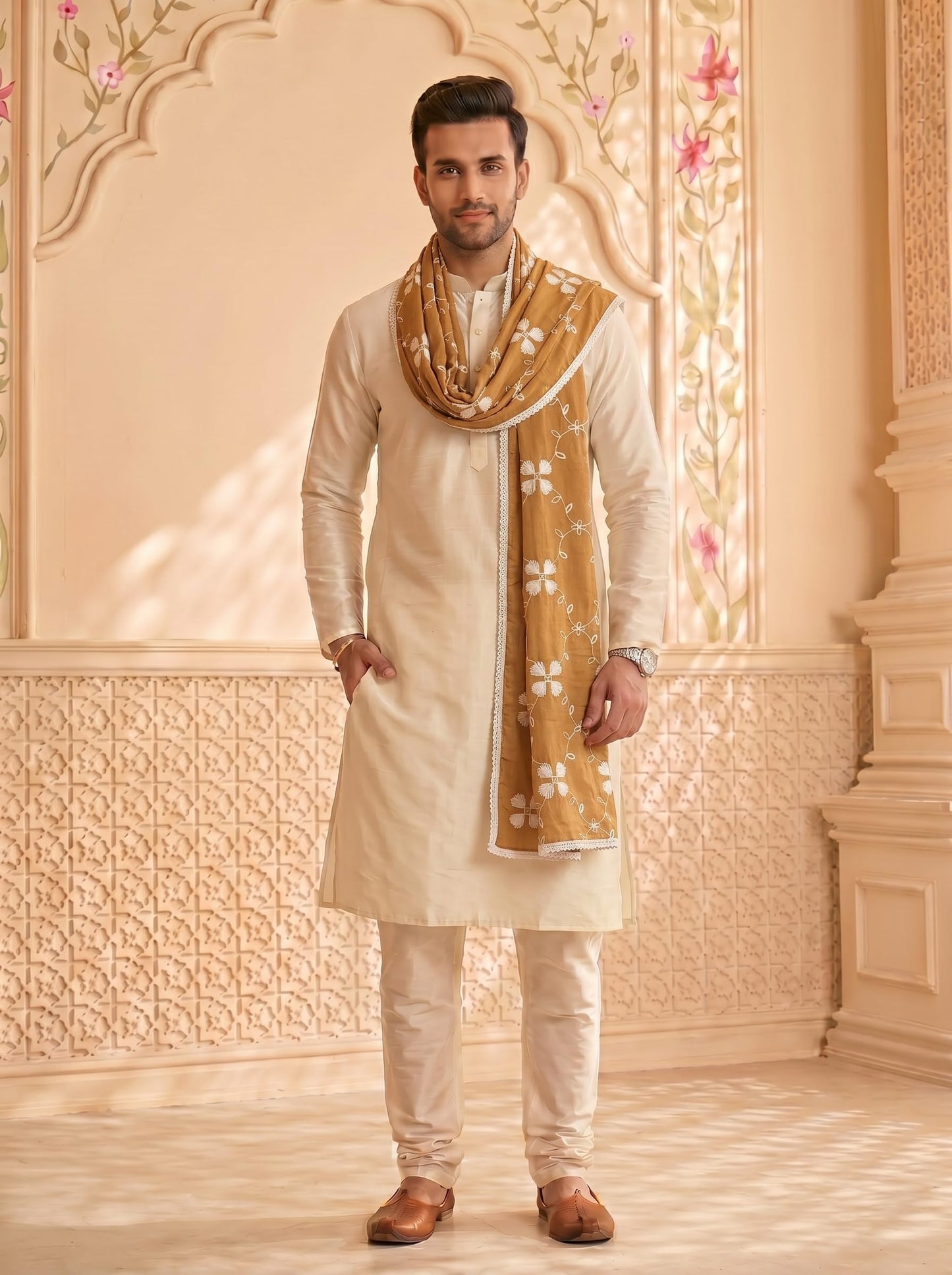Pure Cotton Self Embroidery Dupatta for Men | Sand Beige - view 3