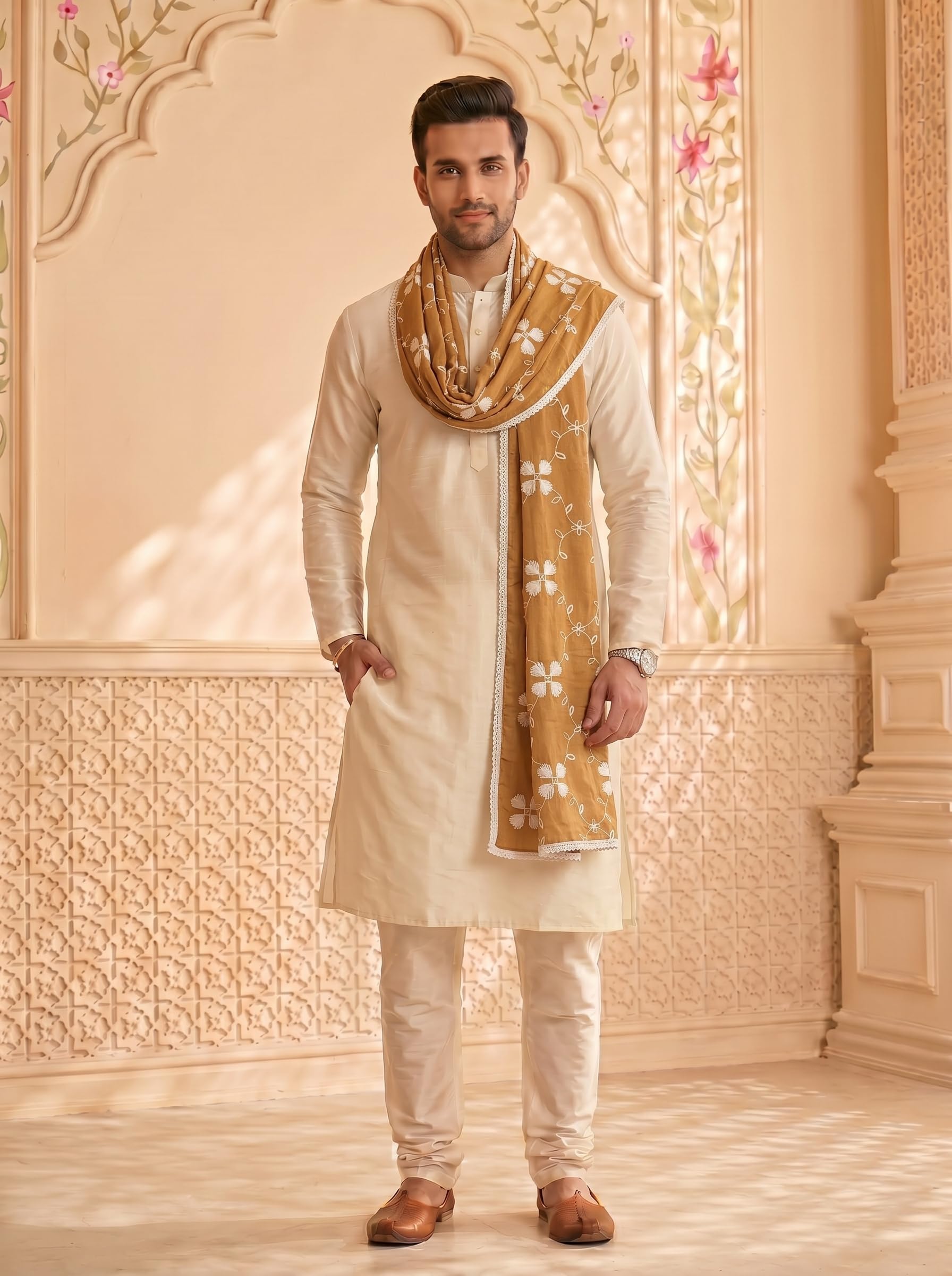 Pure Cotton Self Embroidery Dupatta for Men | Sand Beige - view 3