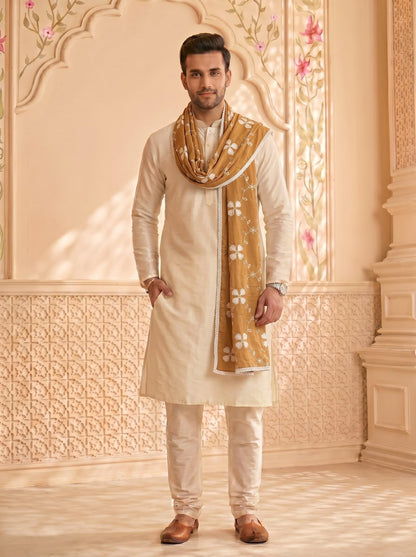 Pure Cotton Self Embroidery Dupatta for Men | Sand Beige - view 3