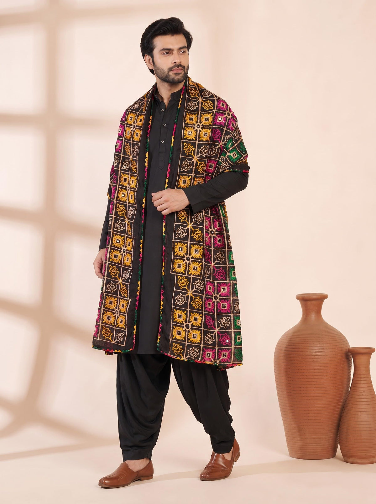 Pure Cotton Embroidered Phulkari Dupatta for Men | Black - view 3