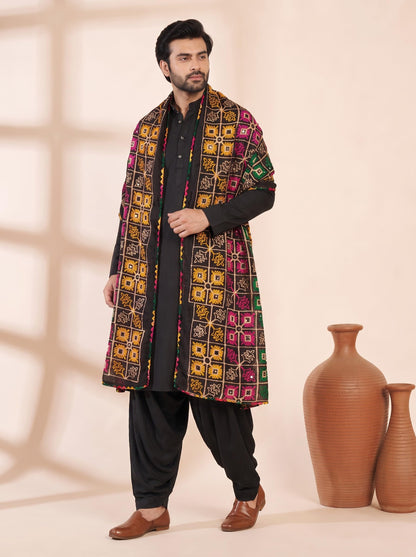Pure Cotton Embroidered Phulkari Dupatta for Men | Black - view 3