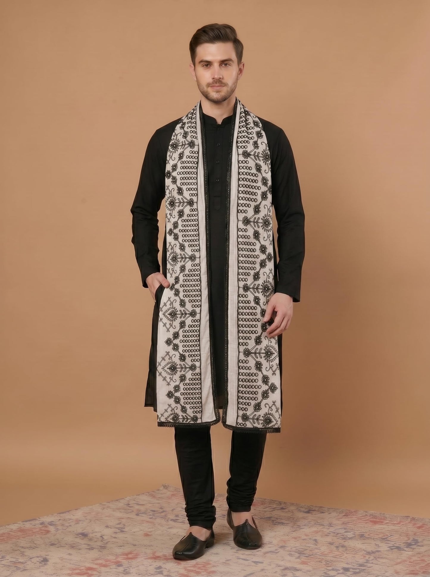 Pure Cotton Cross Embroidery Dupatta for Men | White - view 4