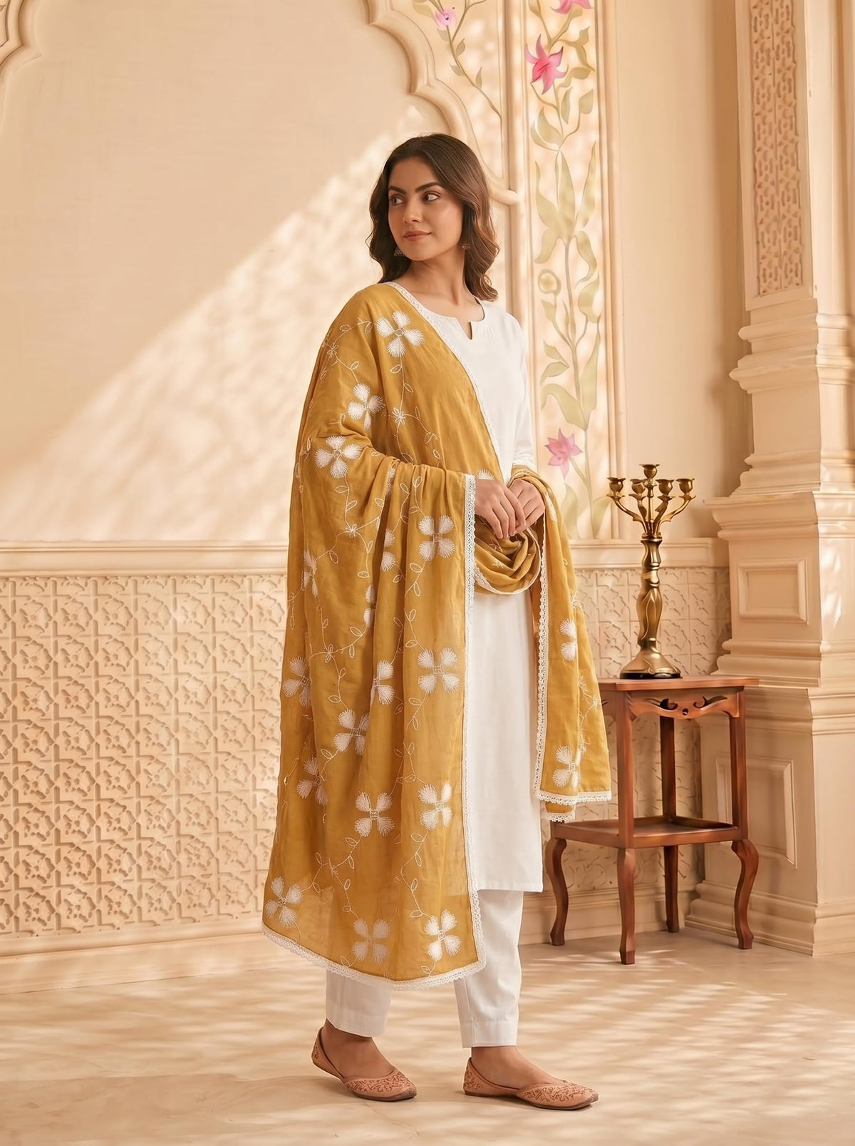 Pure Cotton Floral Embroidery Dupatta for Women | Sand Beige - view 2