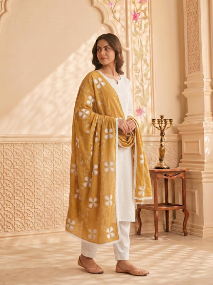 Pure Cotton Floral Embroidery Dupatta for Women | Sand Beige - view 2