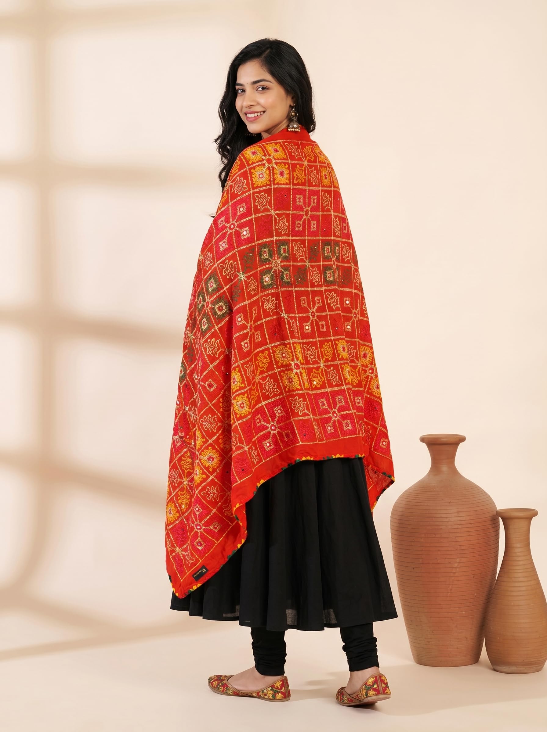 Pure Cotton Phulkari Embroidered Dupatta for Women | Red - view 4