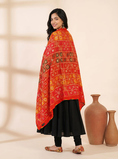 Pure Cotton Phulkari Embroidered Dupatta for Women | Red - view 4