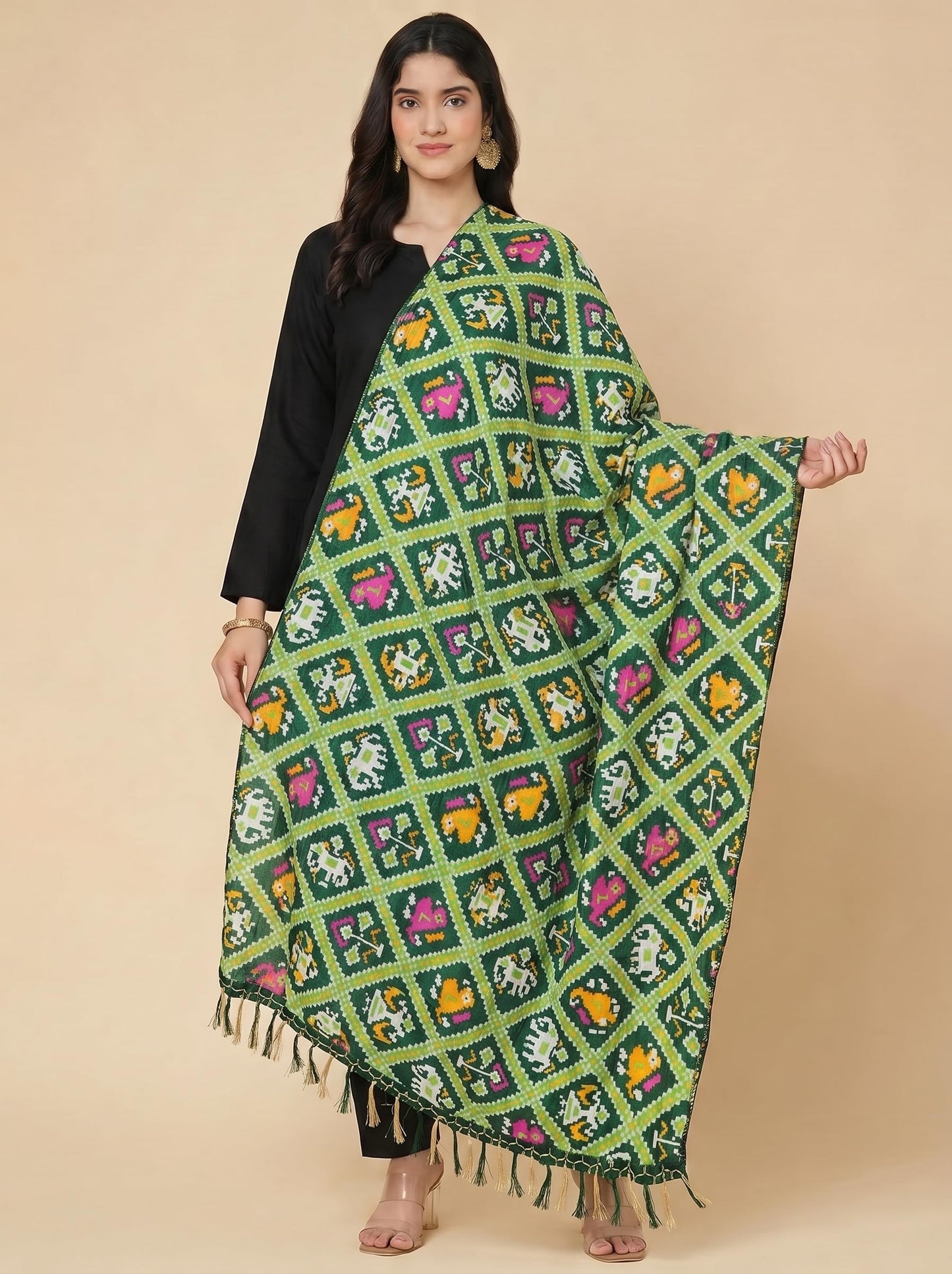 Printed Bandhani Dupatta for Women | Green