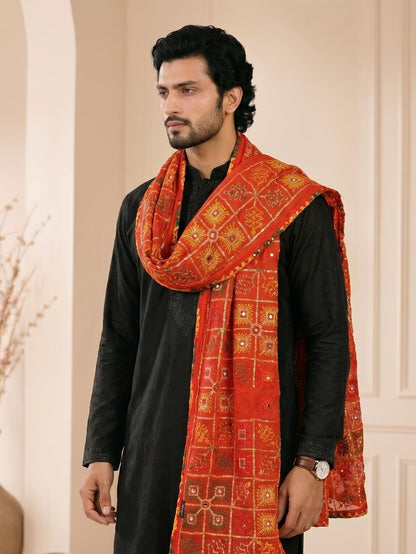 Pure Cotton Embroidered Phulkari Dupatta for Men | Red - view 5