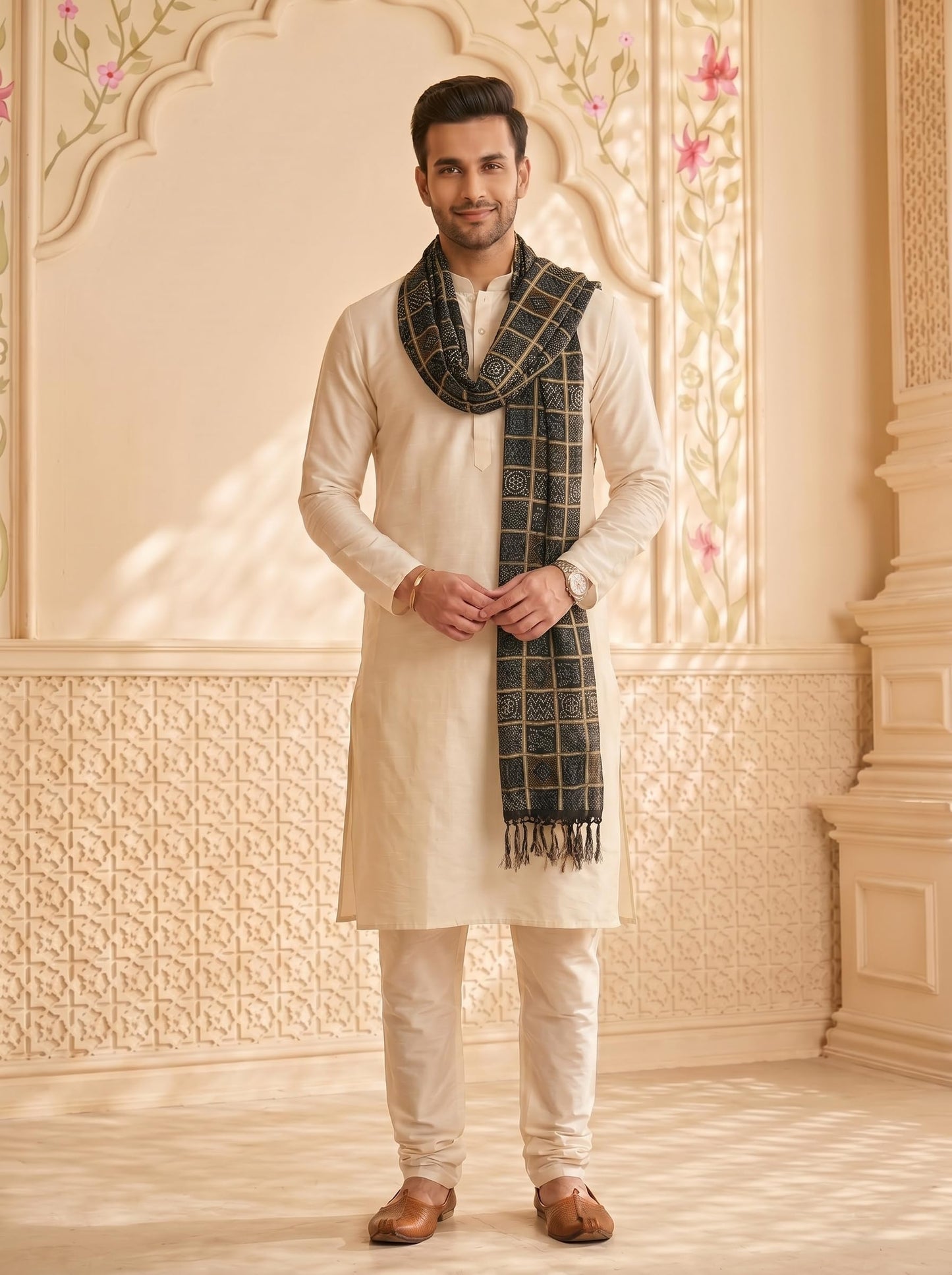 Chinnon Bandhani Dupatta for Men | Black - view 2