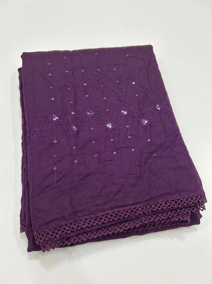 Floral Self Embroidered Chanderi Cotton Dupatta for Women | Purple - view 5