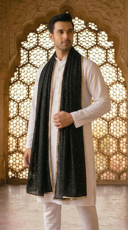 Striped Chanderi Cotton Dupatta for Men | Black - view 3