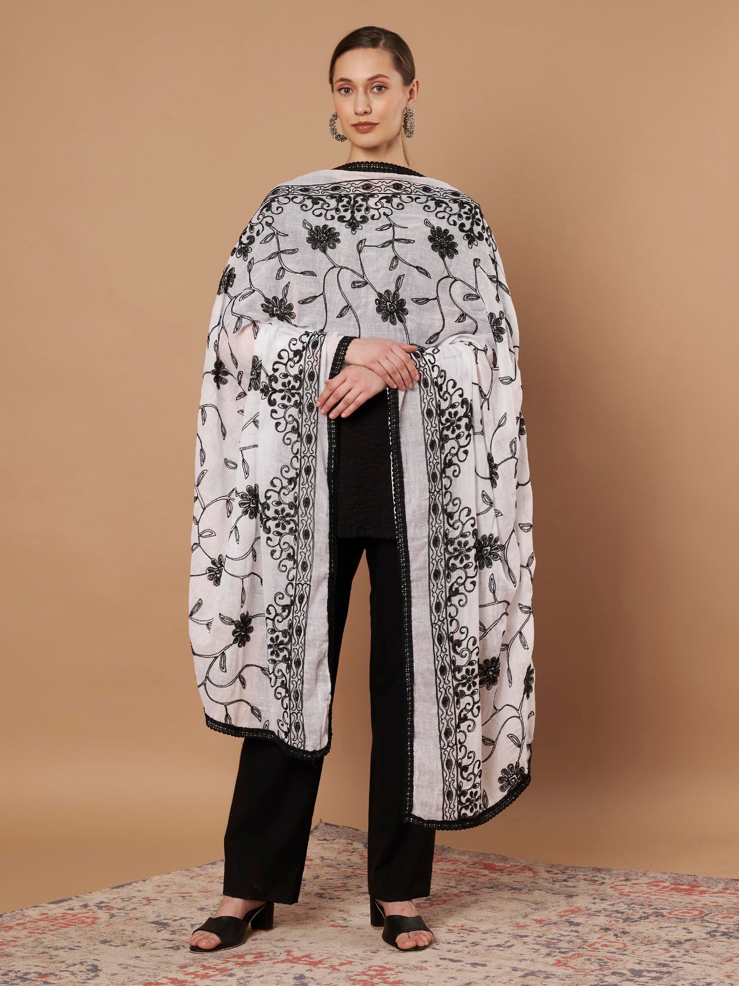 Pure Cotton Embroidery Floral Dupatta for Women | White - view 3