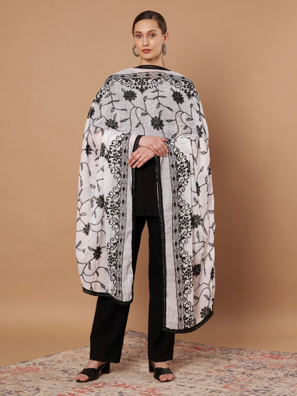 Pure Cotton Embroidery Floral Dupatta for Women | White - view 3