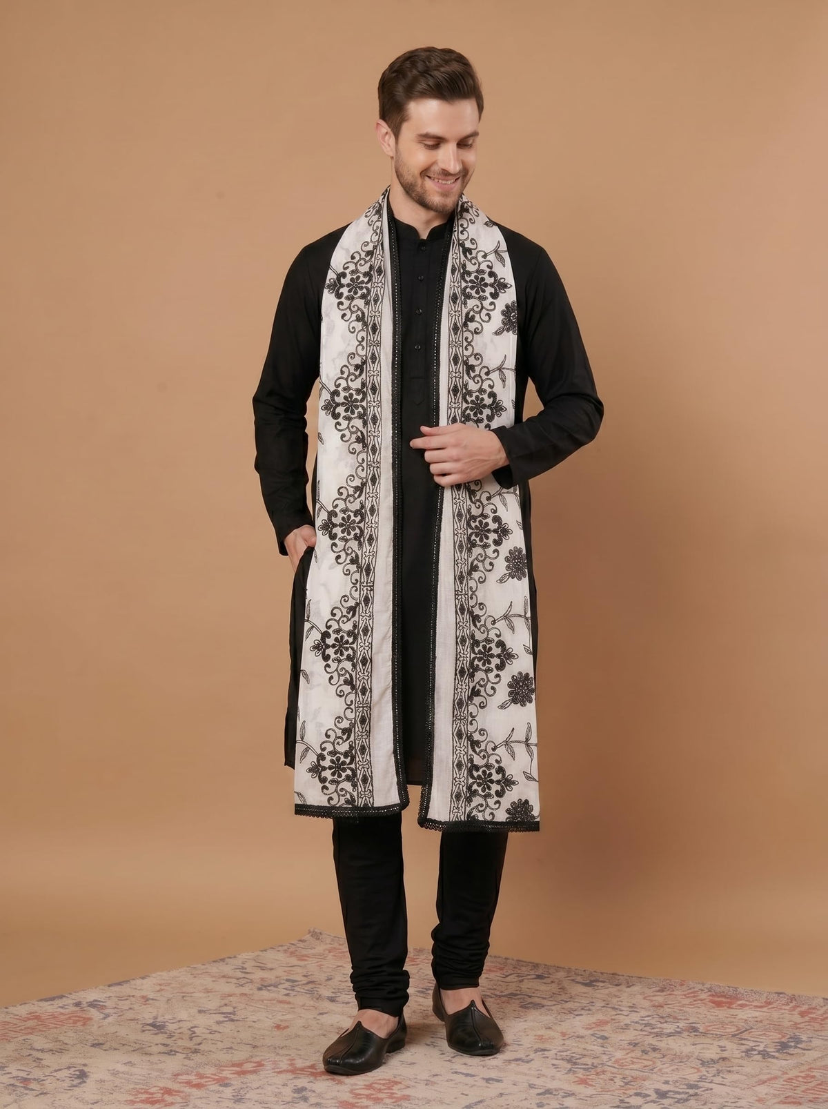 Pure Cotton Floral Embroidery Dupatta for Men | White