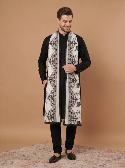 Pure Cotton Floral Embroidery Dupatta for Men | White