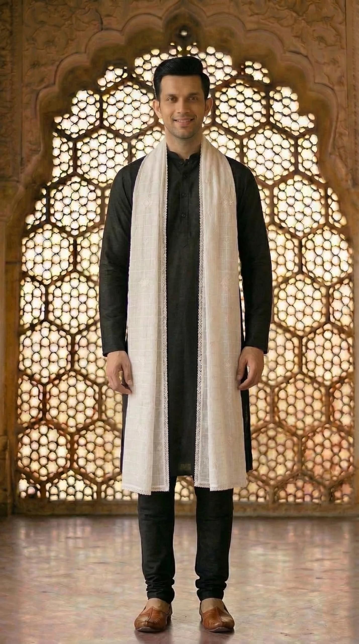 Pure Cotton Self Embroidery Dupatta for Men | White