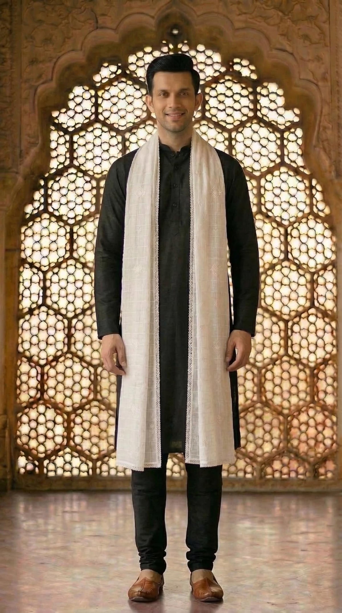 Pure Cotton Self Embroidery Dupatta for Men | White