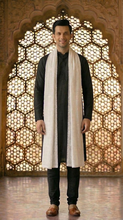 Pure Cotton Self Embroidery Dupatta for Men | White