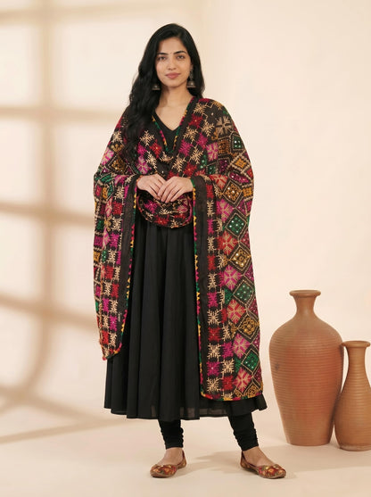 Pure Cotton Phulkari Embroidered Dupatta for Women | Black - view 2