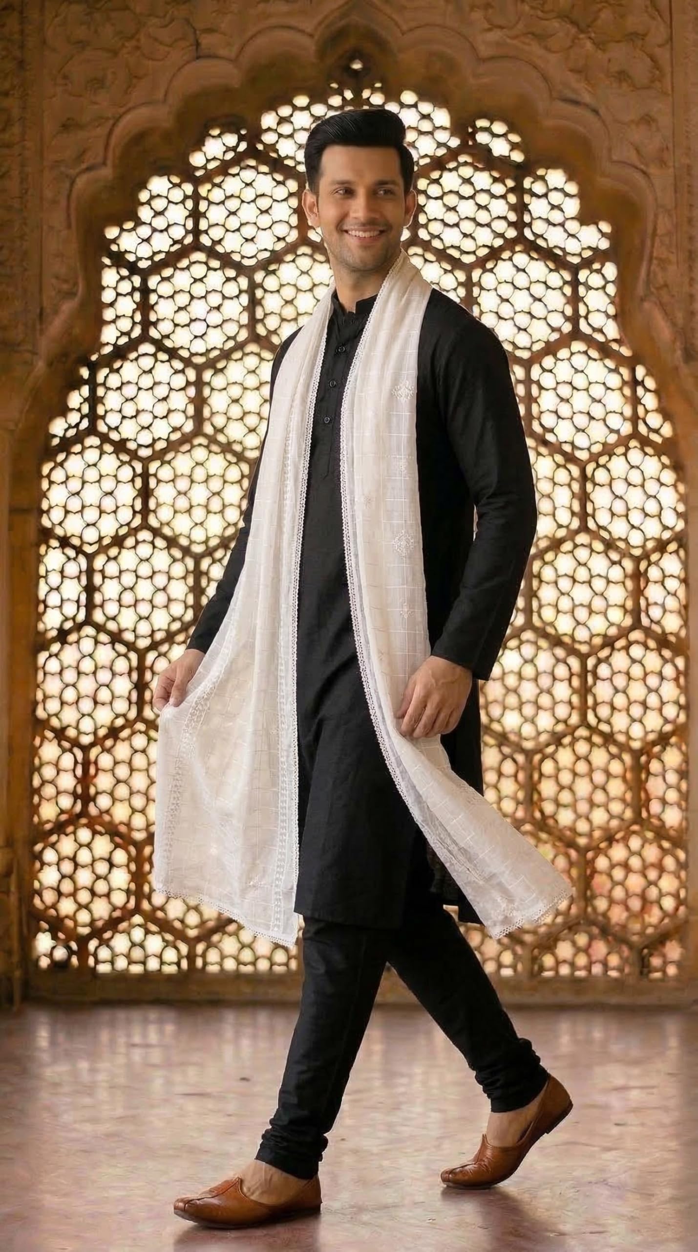Pure Cotton Self Embroidery Dupatta for Men | White - view 2