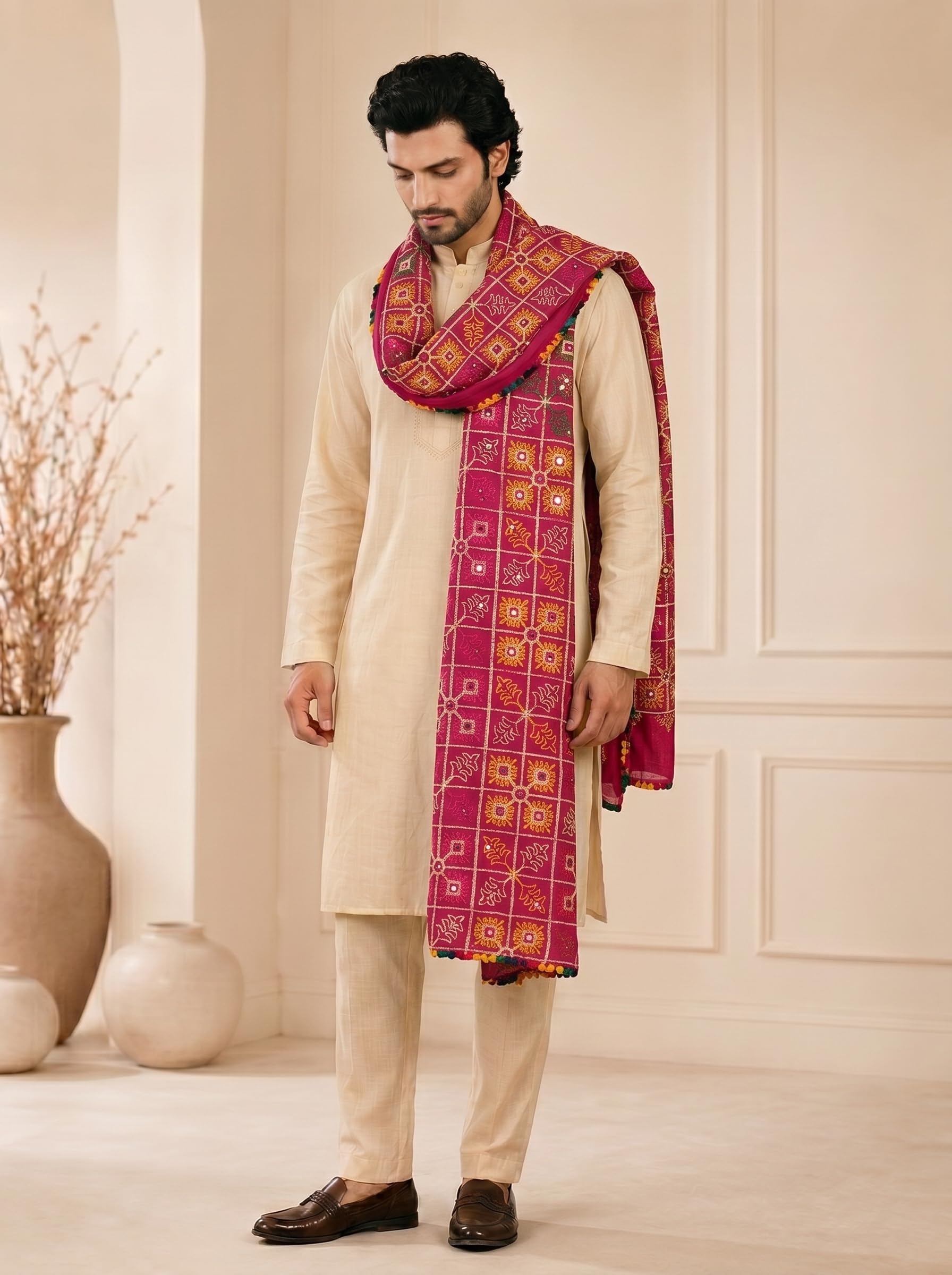 Pure Cotton Embroidered Phulkari Dupatta for Men | Pink - view 3