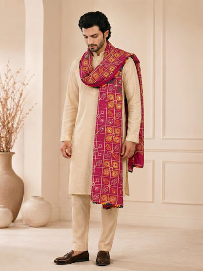 Pure Cotton Embroidered Phulkari Dupatta for Men | Pink - view 3