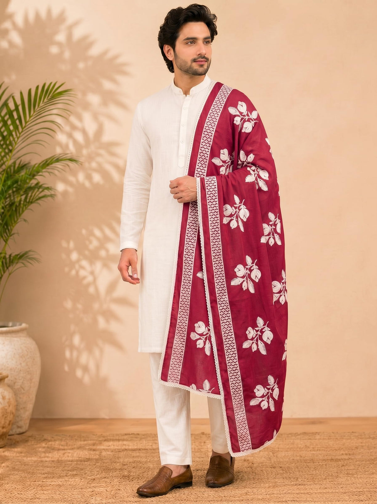 Pure Cotton Floral Embroidered Dupatta for Men | Pink - view 3