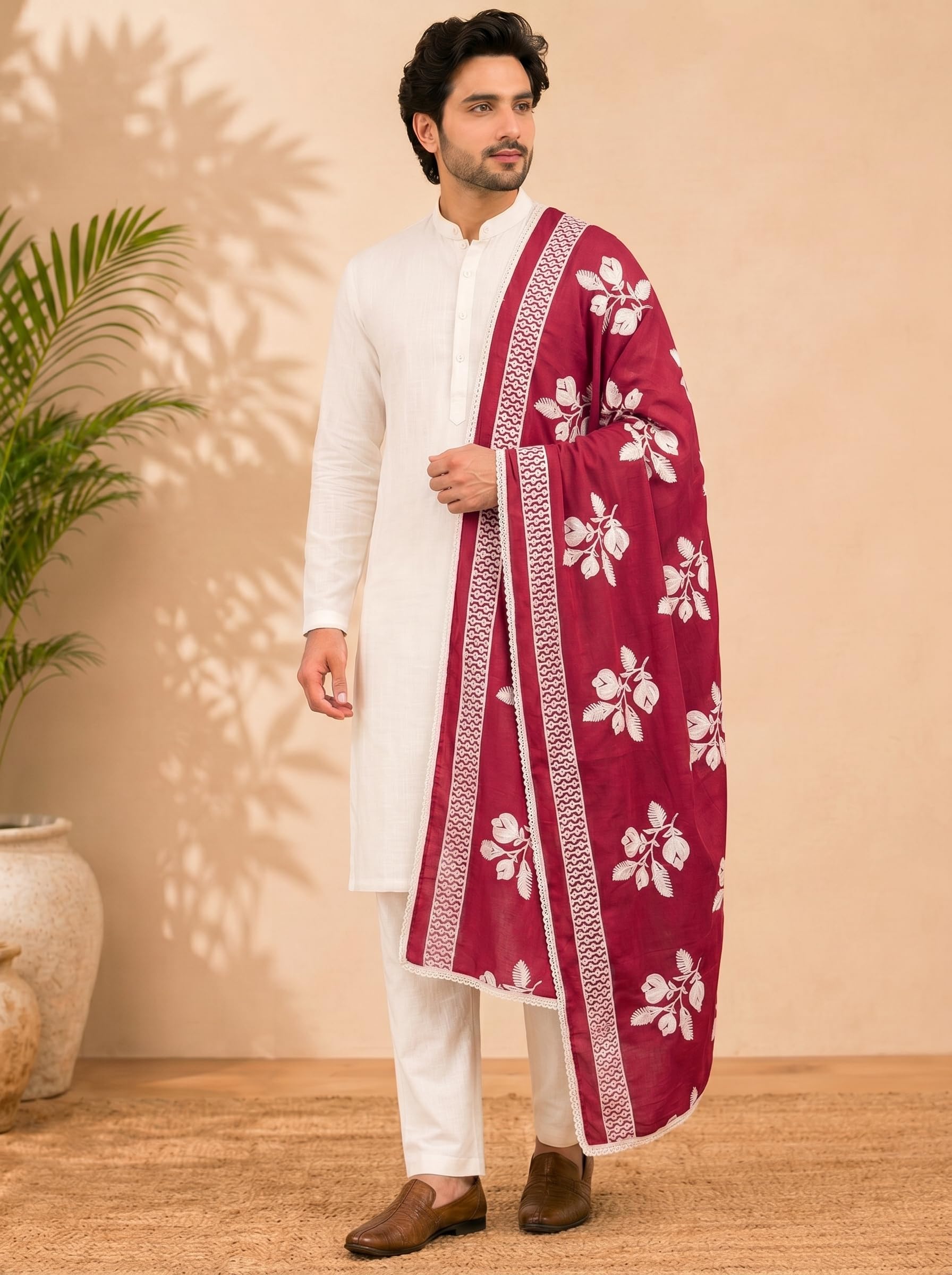 Pure Cotton Floral Embroidered Dupatta for Men | Pink - view 3