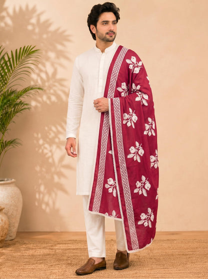 Pure Cotton Floral Embroidered Dupatta for Men | Pink - view 3