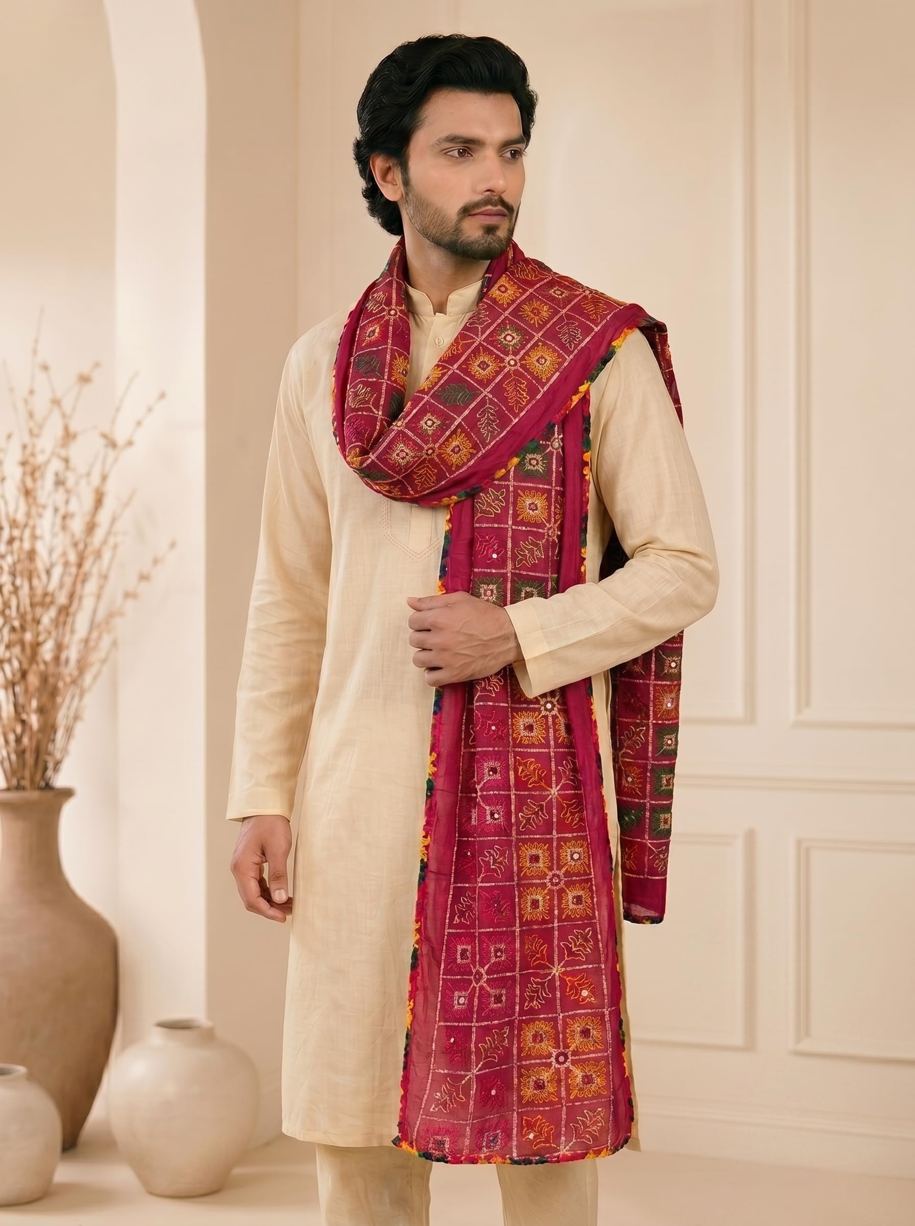 Pure Cotton Embroidered Phulkari Dupatta for Men | Pink - view 4