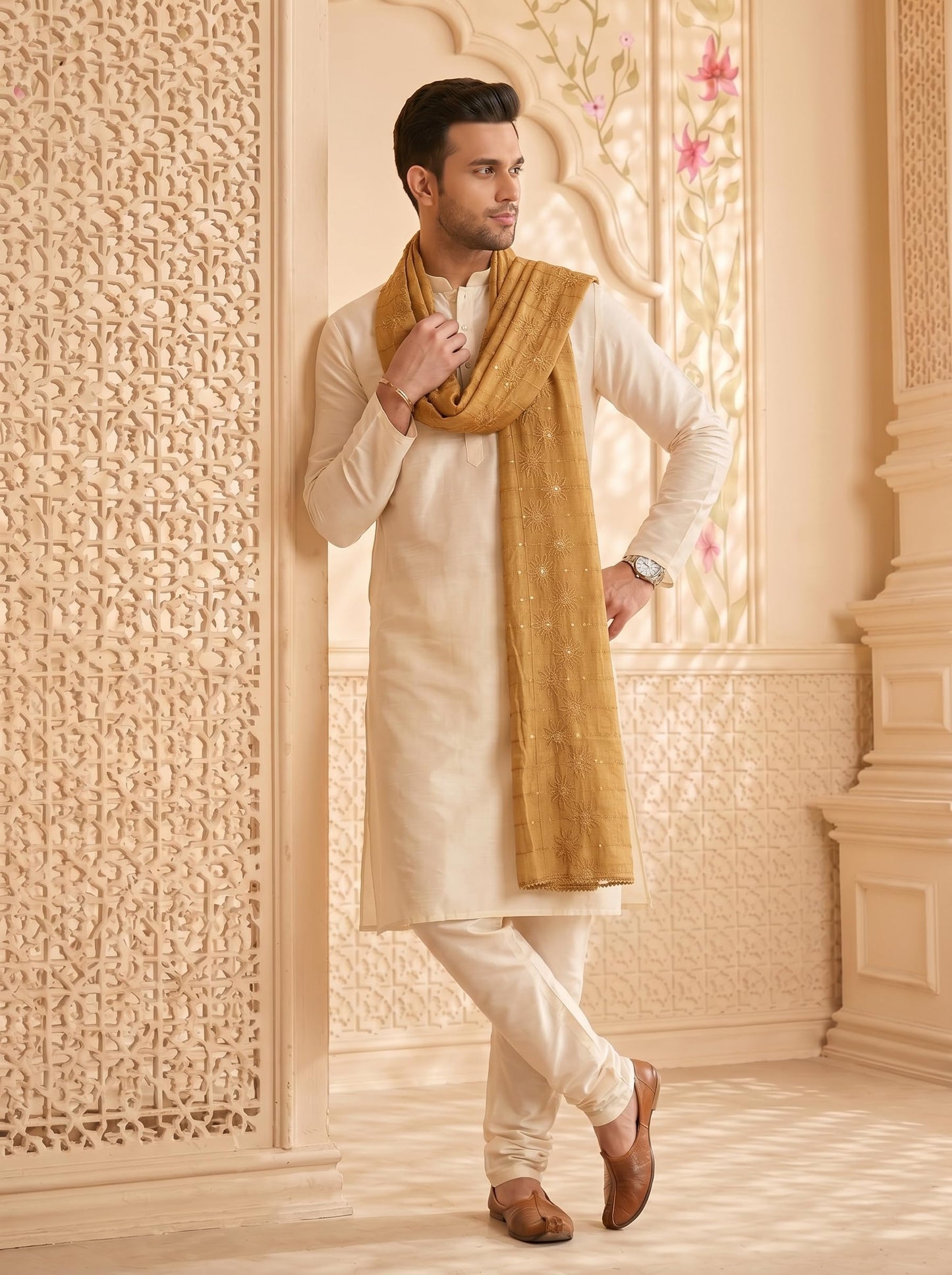 Floral Self Embroidered Chanderi Cotton Dupatta for Men | Sand Beige