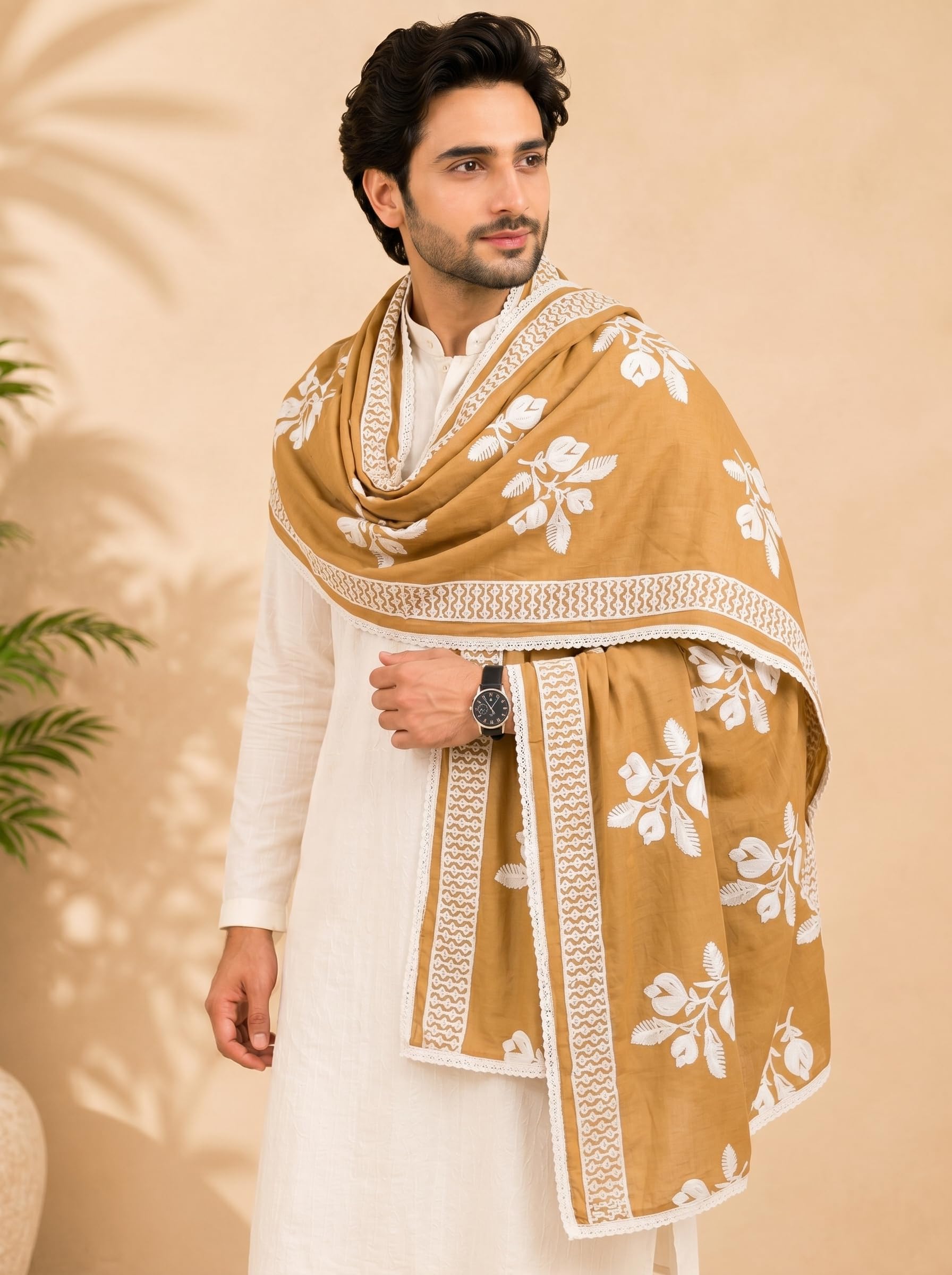 Pure Cotton Floral Embroidered Dupatta for Men | Sand Beige - view 5