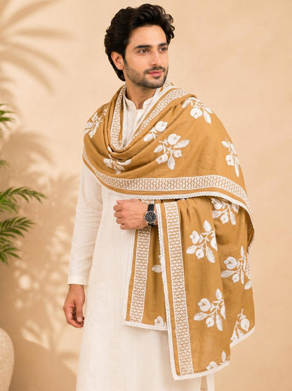 Pure Cotton Floral Embroidered Dupatta for Men | Sand Beige - view 5