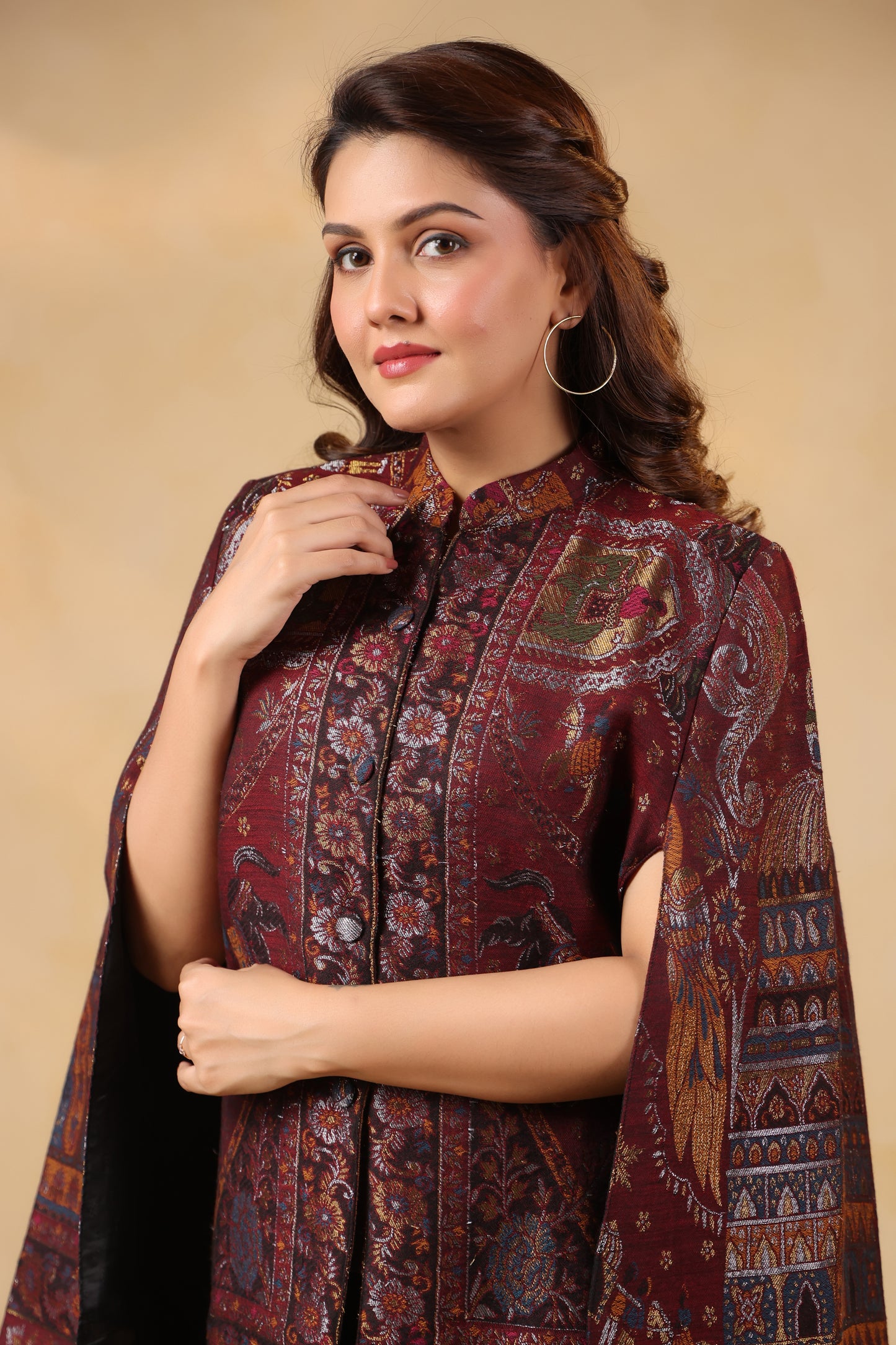 Women Woven Zari Darbar Royal Woollen Luxury Cape Jacket | Wine