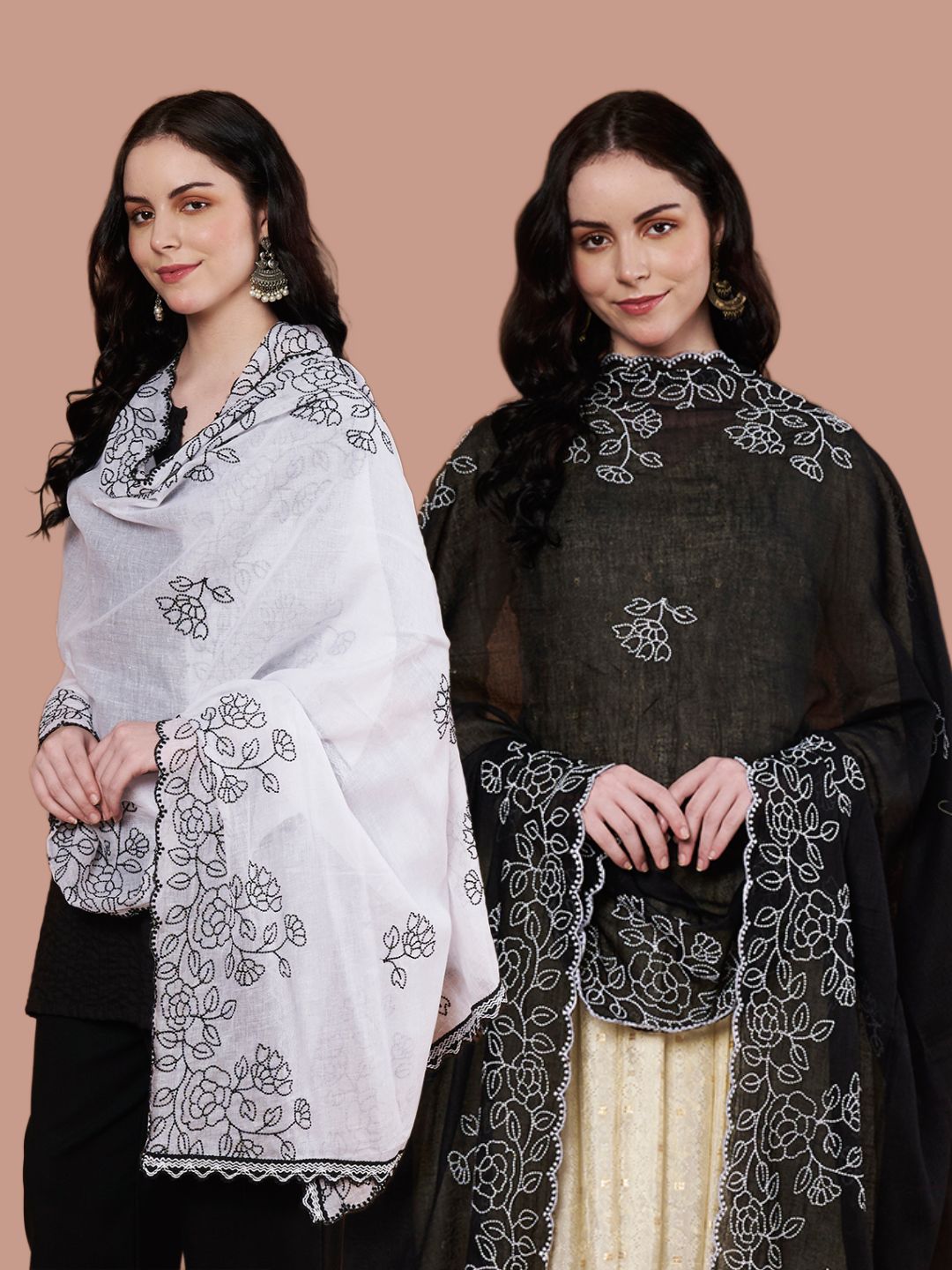 Pure Cotton Embroidered Dupatta for Women Pack of 2 | White and Black
