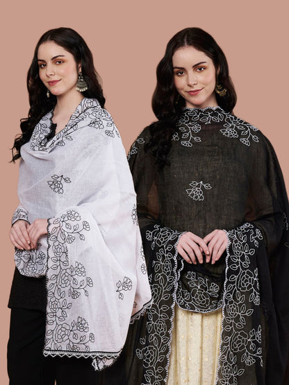 Pure Cotton Embroidered Dupatta for Women Pack of 2 | White and Black