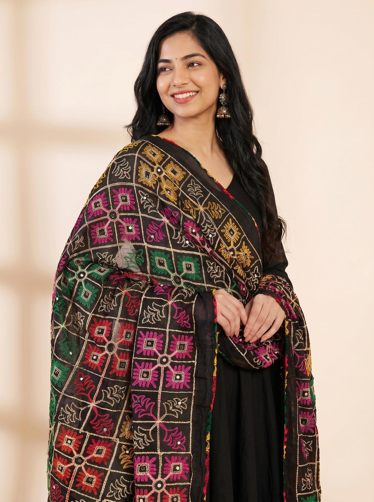 Pure Cotton Phulkari Embroidered Dupatta for Women | Black - view 5