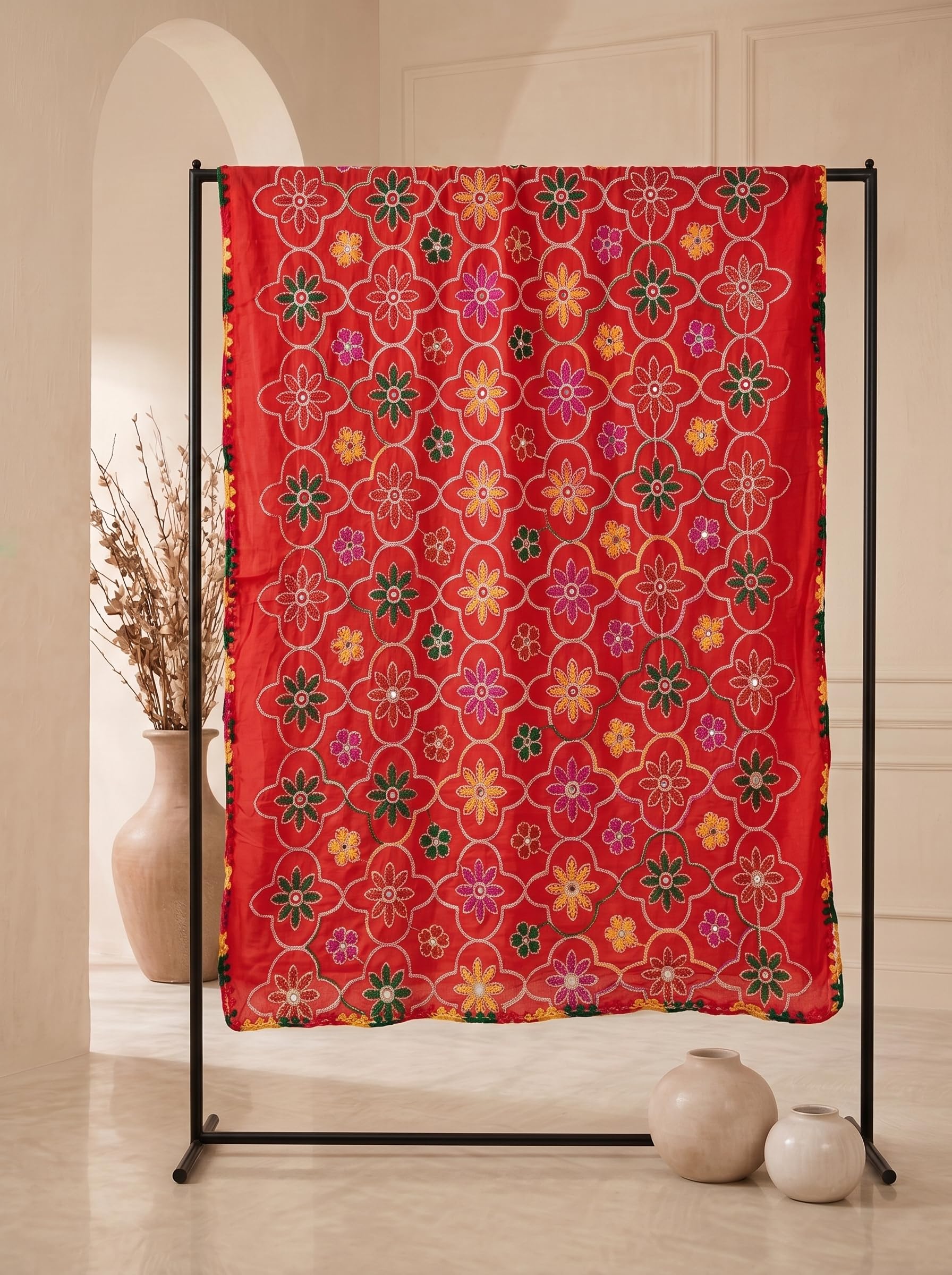 Pure Cotton Embroidered Phulkari Dupatta for Men | Red - view 6