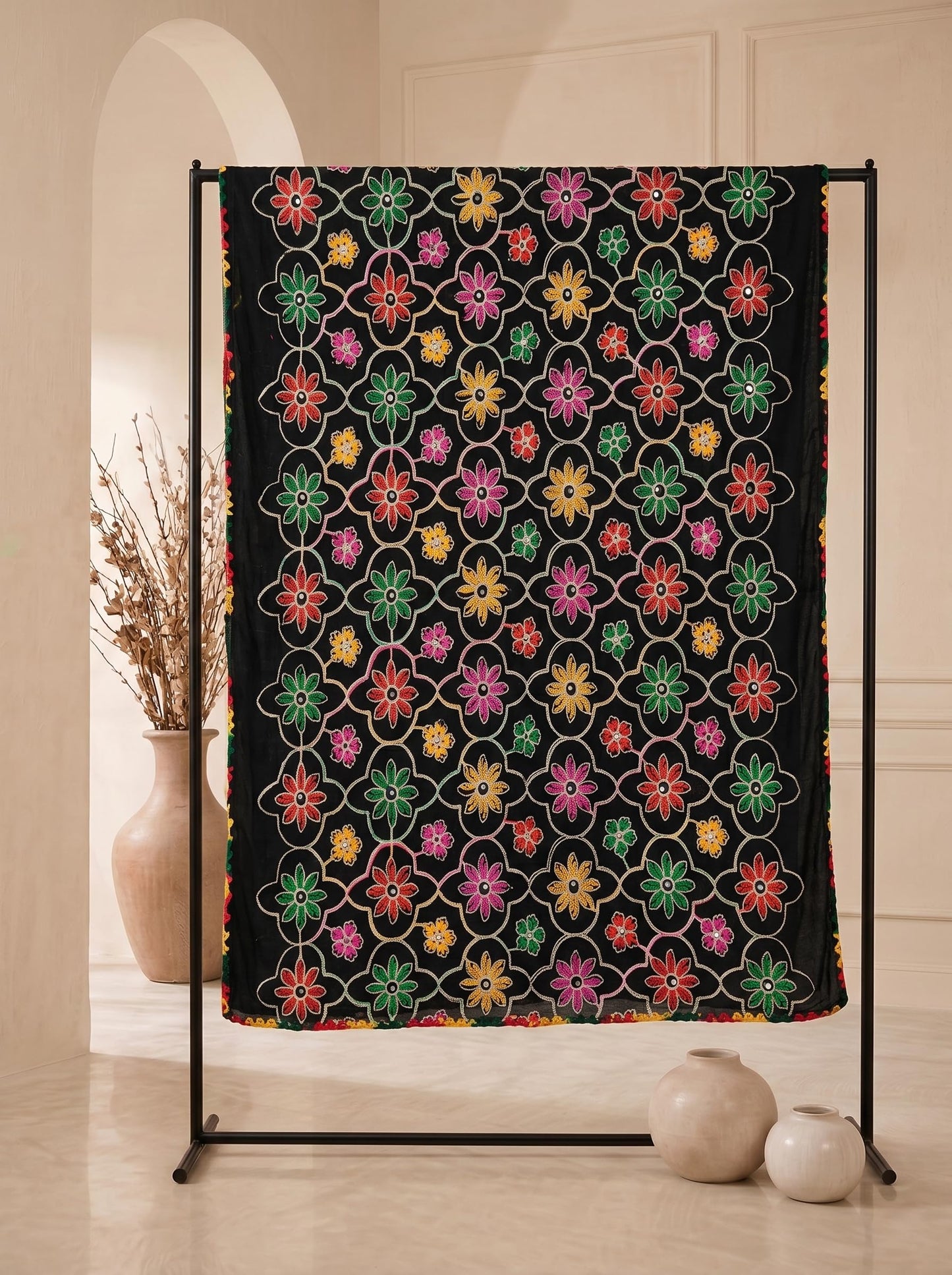 Pure Cotton Embroidered Phulkari Dupatta for Men | Black - view 7