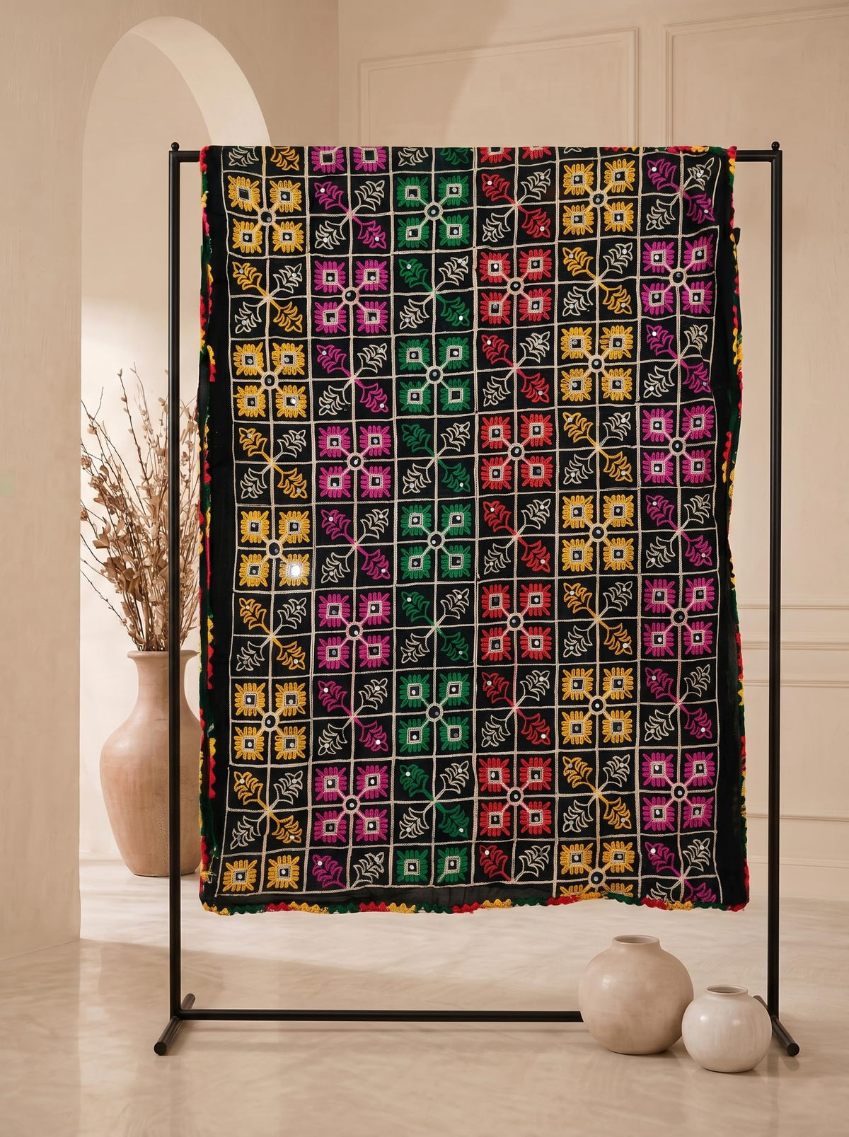 Pure Cotton Embroidered Phulkari Dupatta for Men | Black - view 6