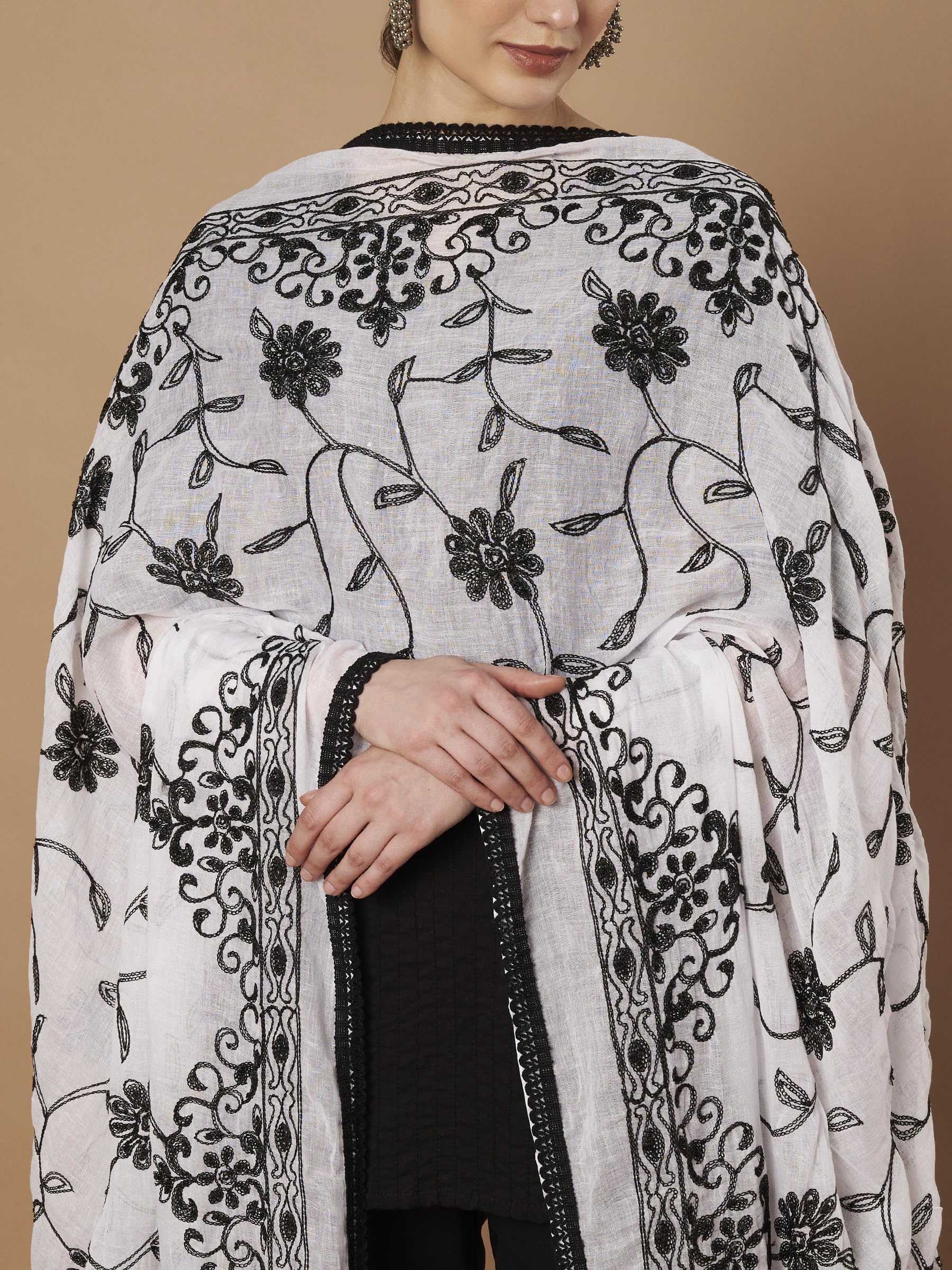 Pure Cotton Embroidery Floral Dupatta for Women | White - view 4
